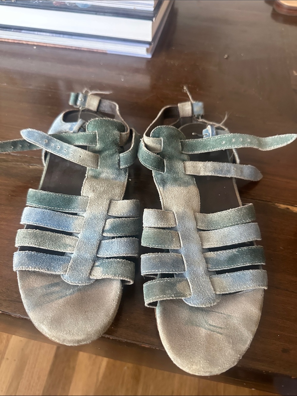 Balenciaga Paris Suede Strappy Sandals in Muted Teal-Green